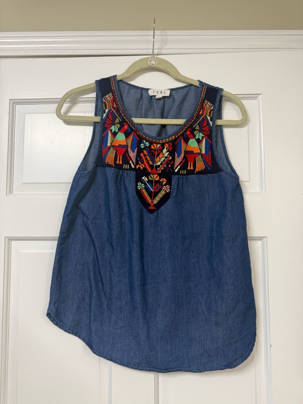 THML Denim-Look Tank with Colorful Embroidered Yoke